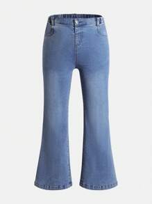 女大童彈性腰帶牛仔喇叭褲 - 中等水洗藍 - 查看 1