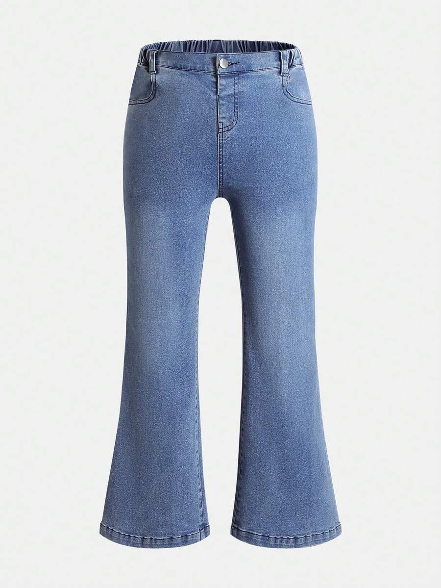 女大童彈性腰帶牛仔喇叭褲 - 中等水洗藍 - 查看 1