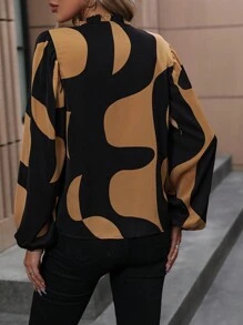 EMERY ROSE Colorblock Notched Neckline Lantern Sleeve Blouse Fall Cloth For Women - Multicolor - View 2
