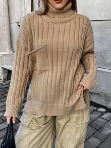 Flirla Hơn Áo cao cổ Thả vai Vá Túi Viền chia cắt Áo len - Màu be - Xem 4