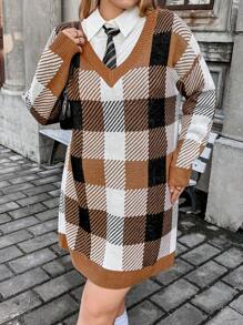 Flirla Plus Plaid Pattern Drop Shoulder Sweater Dress Without Shirt And Tie Fall Cloth For Women - Multicolor - View 3