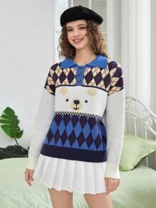 SHEIN EZwear 卡通小熊&菱形印花Polo領落肩袖套頭毛衣 - 彩色 - 查看 5