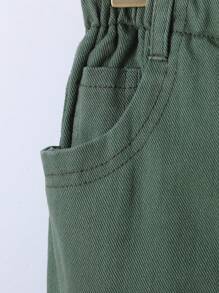 SHEIN 年輕女孩休閒波西米亞風假日綠色平口褲，帶扣墊袋，按鈕前排，女孩日常穿搭