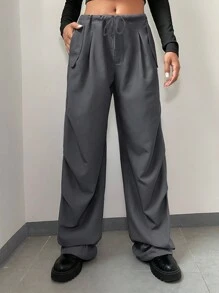 EURMUSE Solid Drawstring Waist Wide Leg Pants - Dark Grey - View 2
