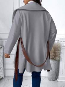 Celure Plus Waterfall Collar Contrast Binding Belted Overcoat - Grey - View 2