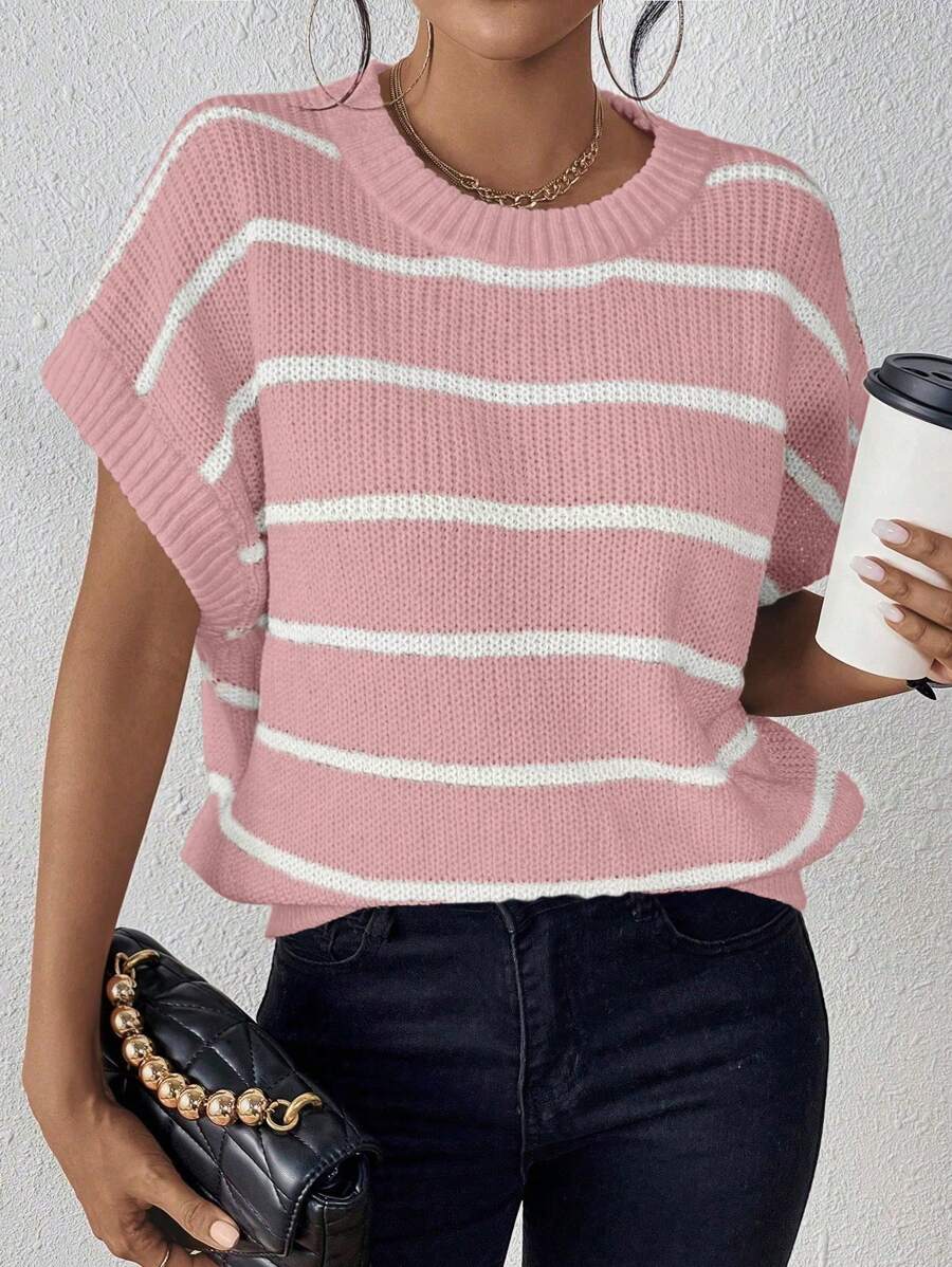 SHEIN Essnce 條紋圖案蝙蝠袖針織上衣 - 淺粉色 - 查看 1