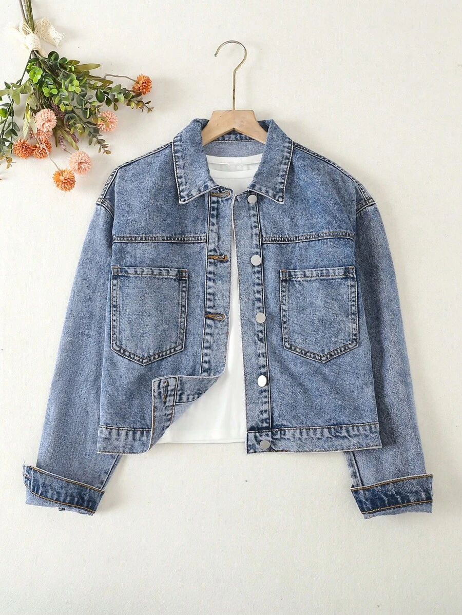 青少年女孩雙口袋牛仔夾克不帶T恤 - 淺色水洗藍 - 查看 1