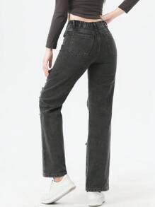 青少年女孩破洞直筒牛仔褲 - 深灰色 - 查看 2