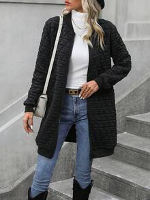 素色拉鏈開襟絎縫外套 - 黑色 - 查看 6