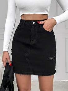 EURMUSE High Waist Ripped Raw Hem Denim Skirt - Black - View 1