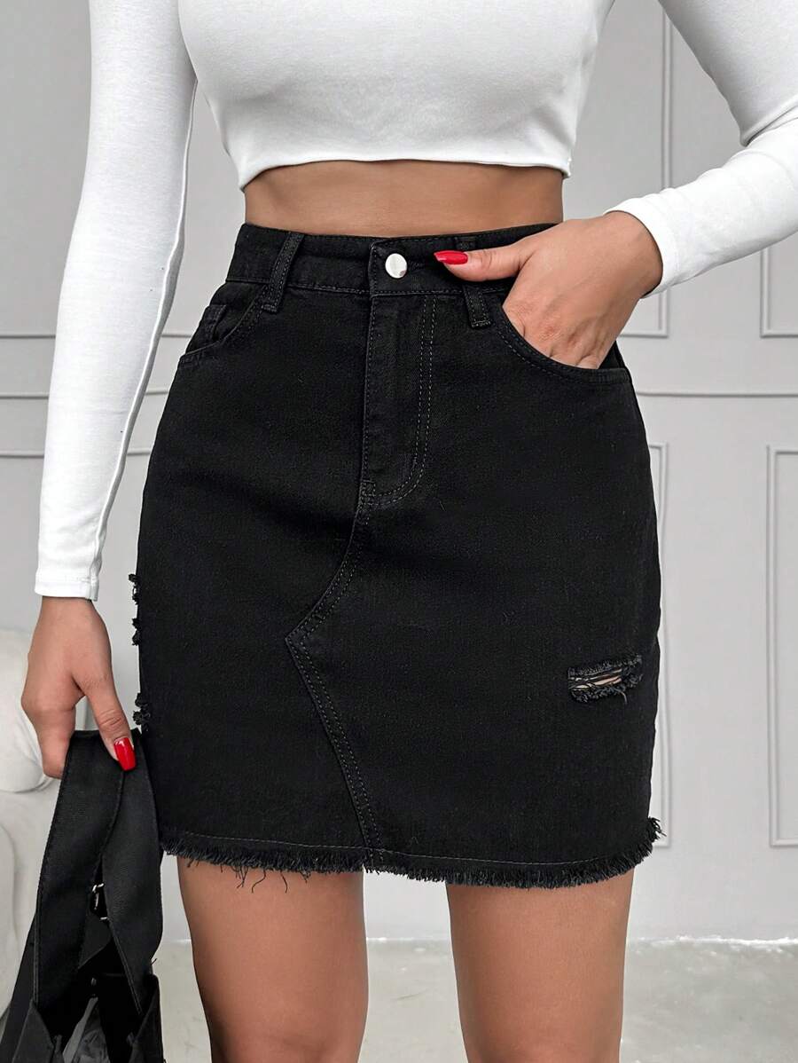 EURMUSE High Waist Ripped Raw Hem Denim Skirt - Black - View 1