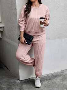 Calvaya 大碼素色落肩袖衛衣和衛褲 - 粉色 - 查看 6