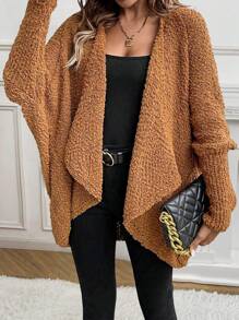 SHEIN Essnce 瀑布领蝙蝠袖开衫 - 棕色 - 查看 1