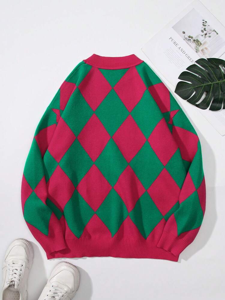 Argyle Pattern Drop Shoulder Sweater