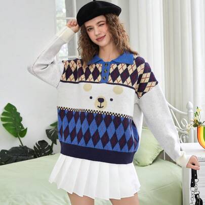 카툰 곰 & 마름모 프린트 폴로 칼라 드롭 숄더 스웨터