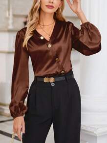 SHEIN Clasi Solid Button Front Bishop Sleeve Blouse - Coffee Brown - View 5