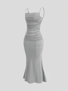 Sweetra 垂坠领褶饰鱼尾下摆吊带连衣裙长款女装