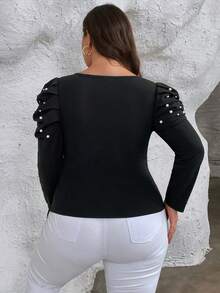 SHEIN Privé 大碼珍珠串珠雞心領口羊腿袖T恤 - 黑色 - 查看 2