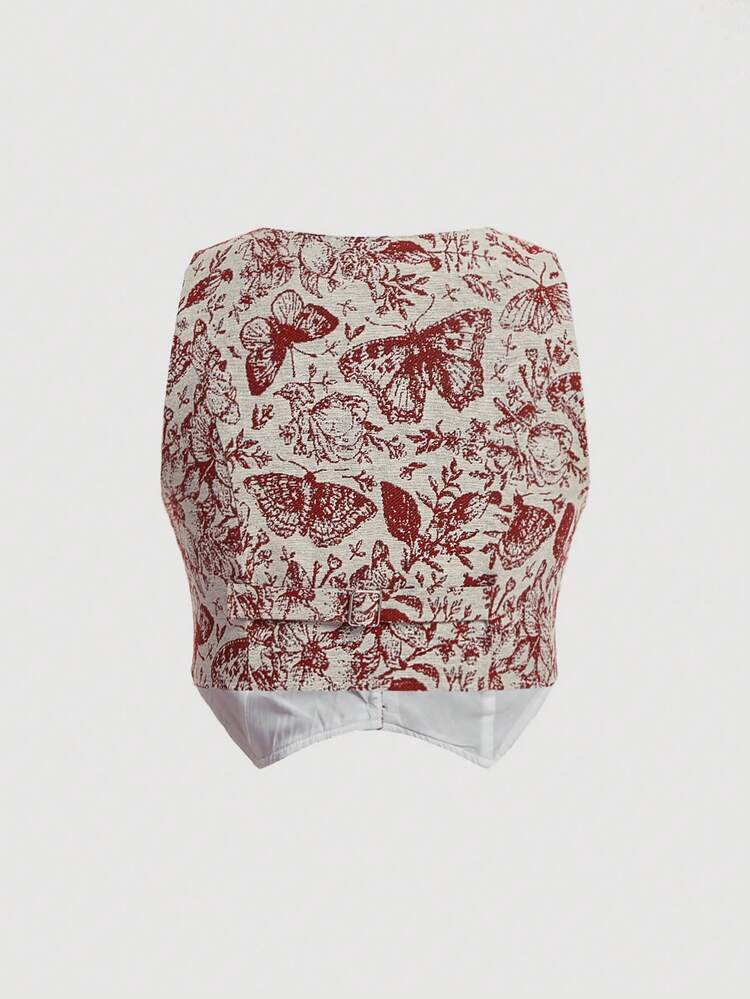 Plus Floral Print Button Front Crop Vest Blazer