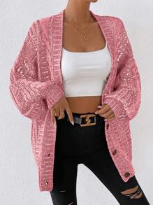Chiquease Marled Knit Lantern Sleeve Button Front Cardigan - Pink - View 5