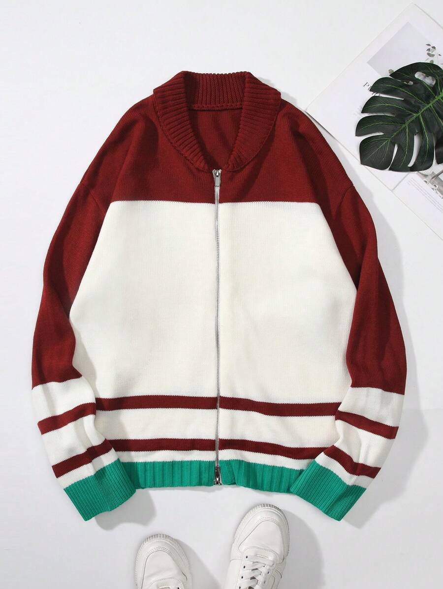 SHEIN EZwear Colorblock Zip Up Cardigan - Burgundy - View 1