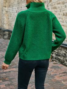 SHEIN LUNE Một nửa khóa kéo Tay Raglan Áo len - màu xanh lá - Xem 2