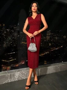 Zolique Tie Backless Split Back Glitter Dress - Burgundy - View 7