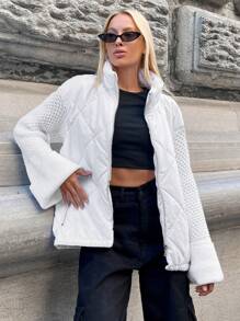 RueChic Drop Shoulder Zip Up Quilted Winter Coat - White - View 1