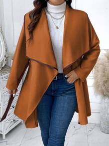 SHEIN Unity Plus Waterfall Collar Contrast Binding Belted Overcoat - Khaki - View 6