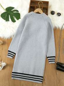 Tween Girl Cat Pattern Striped Trim Raglan Sleeve Sweater Dress - Grey - View 2
