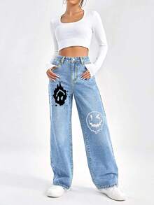 Jeans con estampado de cara de dibujos animados de pierna ancha - Lavado ligero - Ver 3