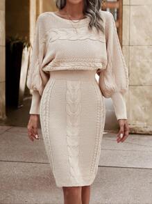 Ellegaria. Cable Knit Lantern Sleeve Sweater Dress Fall Cloth For Women - Apricot - View 1