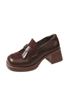 2023 Thu Đông Mới Xuất Hiện Thời Trang Mũi Tròn Chunky-gót Da Nâu Cao Gót Trơn nữ Giày - màu nâu - Xem 1