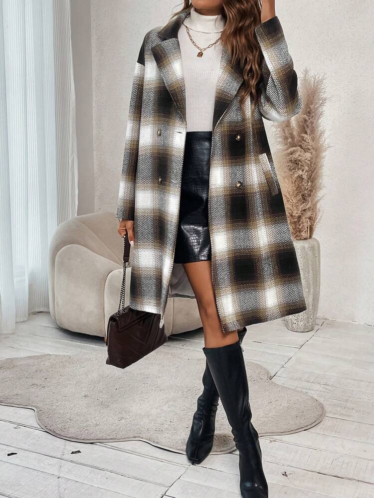 Plaid Print Double Breasted Overcoat