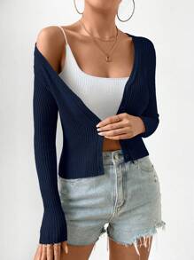 EMERY ROSE Button Front Ribbed Knit Cardigan Fall Winter Cloth For Women - Navy Blue - View 5
