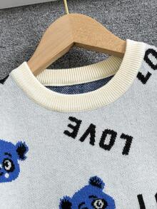 SHEIN Young Boy Bear & Letter Pattern Contrast Trim Sweater - White - View 5