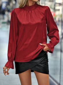 SHEIN Clasi 褶邊領荷葉袖襯衫 - 紅色 - 查看 5