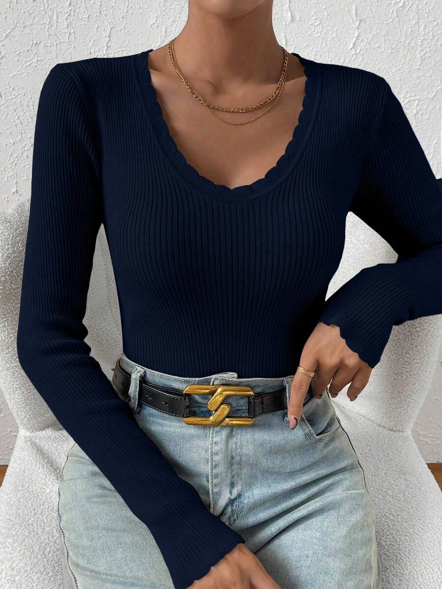 SHEIN Essnce Cắt vỏ sò Đồ đan Ribbed Áo len - Màu xanh hải quân - Xem 1