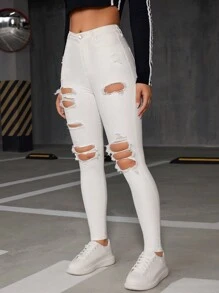 SHEIN ICON Chất rắn Quần jean rách - trắng - Xem 3