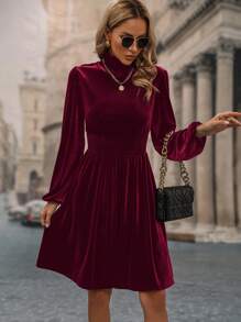 SHEIN Clasi 高领灯笼袖连衣裙 酒红色 女装 - 酒紅色 - 查看 5