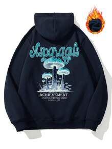 Manfinity EMRG Loose Men's Hooded Casual Sweatshirt With Mushroom And Slogan Print, Drawstring Design - Navy Blue - View 6