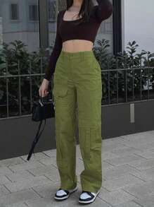 Solid Flap Pocket Cargo Pants - Green - View 1