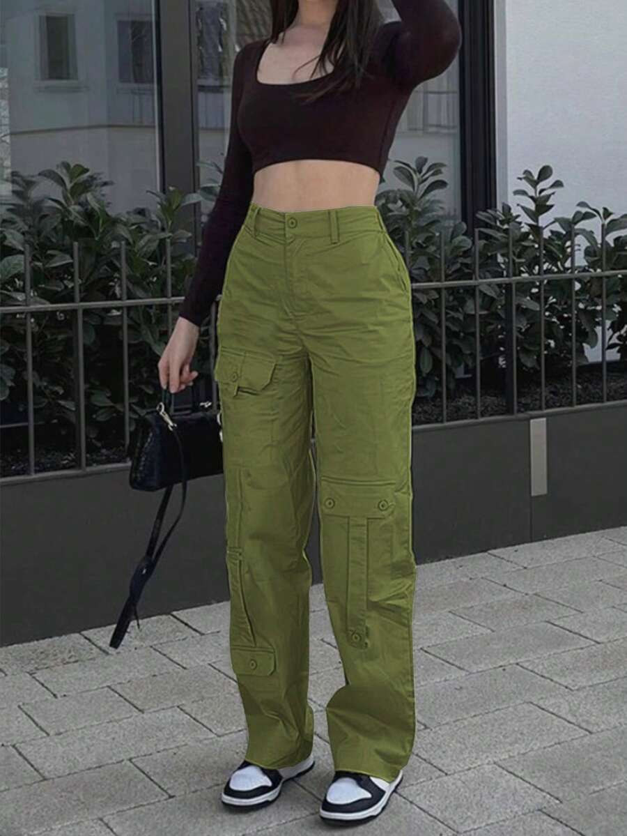Solid Flap Pocket Cargo Pants - Green - View 1