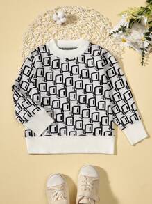 SHEIN Young Boy Allover Letter Pattern Sweater - White - View 1
