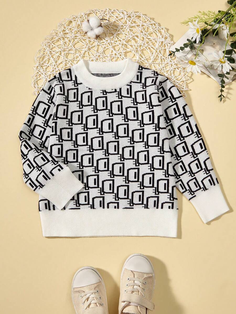 SHEIN Young Boy Allover Letter Pattern Sweater - White - View 1
