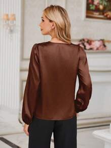 SHEIN Clasi Solid Button Front Bishop Sleeve Blouse - Coffee Brown - View 2