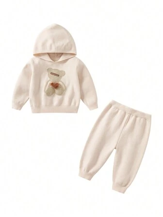 Young Boy Bear Pattern Hooded Sweater & Knit Pants