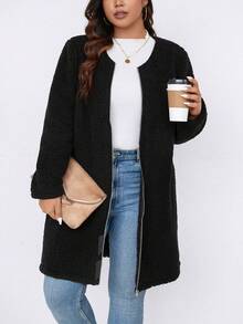 大碼素色拉鏈開襟絨毛外套 - 黑色 - 查看 3
