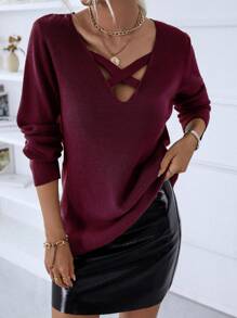 Criss Cross Front Sweater - Burgundy - View 1