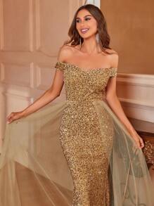 Sukienka na studniówkę z odkrytymi ramionami i siateczką, elegancka, formalna, wieczorowa, na wesele, na ukończenie szkoły, na kolację